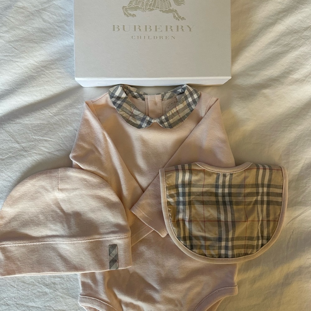 6 month Onesie, Hat and Bib Burberry Children line from Neiman Marcus.